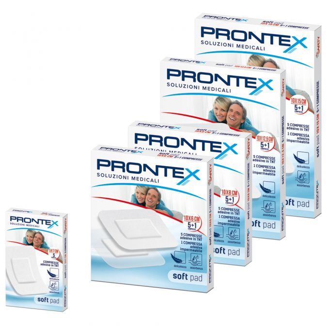 GARZA COMPRESSA PRONTEX SOFT PAD 10X6 CM 6 PEZZI (5 TNT + 1 IMPERMEABILE AQUA PAD) - Farmacia di Regoledo Srl