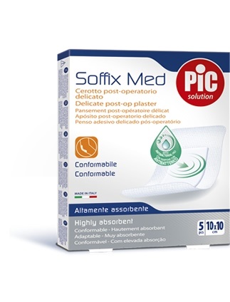 CEROTTO PIC SOFFIX MED IN TNT CON TAMPONE CENTRALE ASSORBENTE STERILE MONOUSO 10X10 CM ANTIBATTERICO 5 PEZZI - Farmacia di Regoledo Srl