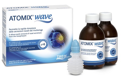 ATOMIX WAVE DISPOSITIVO PER IGIENE RINOFARINGEA ATOMIX SOLUZIONE SALINA 250 ML 2 PEZZI + TERMINALE NASALE + EROGATORE A SOFFIETTO - Farmacia di Regoledo Srl