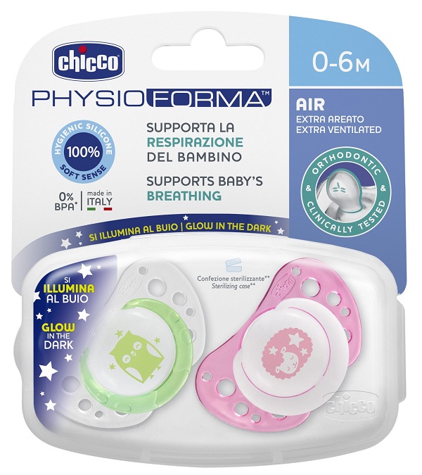 Chicco - Succhiotto Physioforma Air Luminoso 0-6 mesi in silicone 2 pezzi - Farmacia di Regoledo Srl