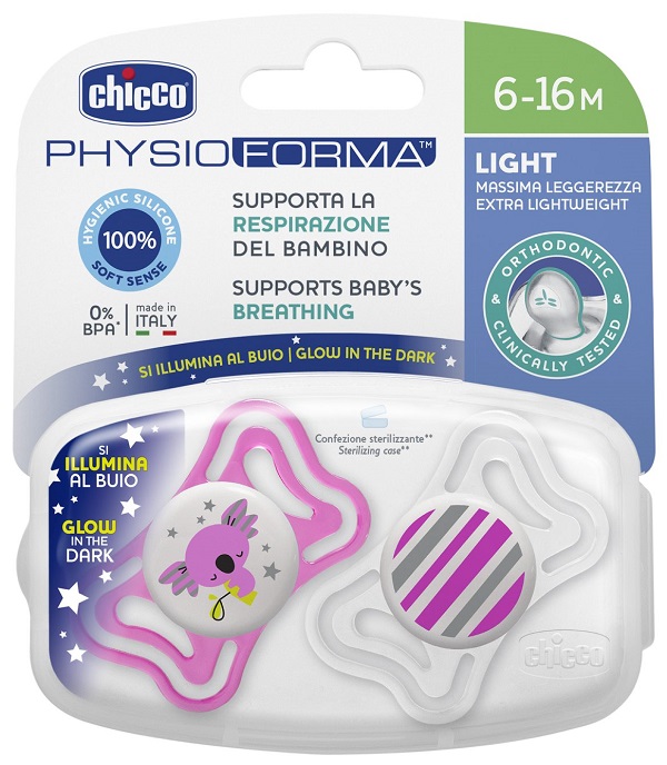 Chicco - Succhietto Physioforma luminoso 6-16 mesi 2 pezzi in silicone - Farmacia di Regoledo Srl