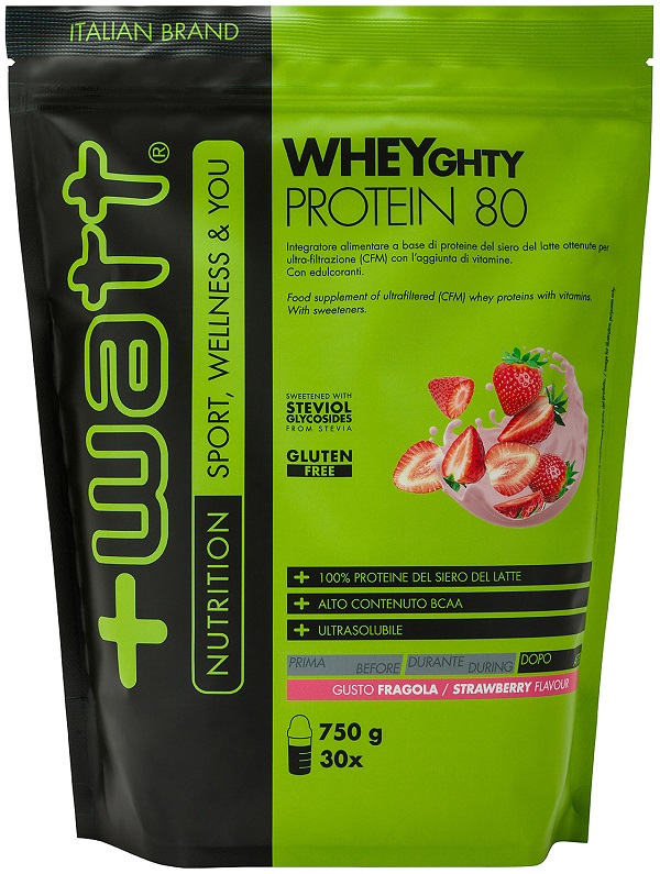 +Watt - Wheyghty Protein 80 - Gusto Fragola doypack 750 grammi - Farmacia di Regoledo Srl