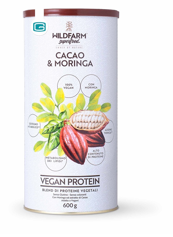 WILDFARM SUPERFOOD VEGAN PROTEIN CACAO & MORINGA 600 G - Farmacia di Regoledo Srl