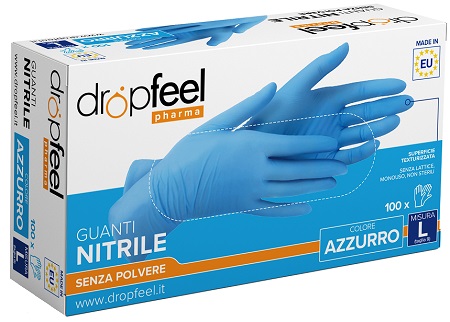 GUANTO IN NITRILE DROPFEEL SENZA POLVERE AZZURRO TAGLIA L 100 PEZZI - Farmacia di Regoledo Srl