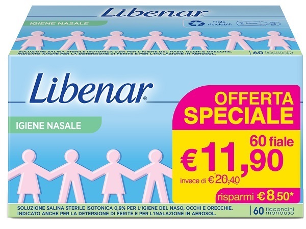 SOLUZIONE SALINA ISOTONICA 0,9% LIBENAR PER IGIENE NASALE 60 FLACONCINI MONOUSO X 5 ML - Farmacia di Regoledo Srl