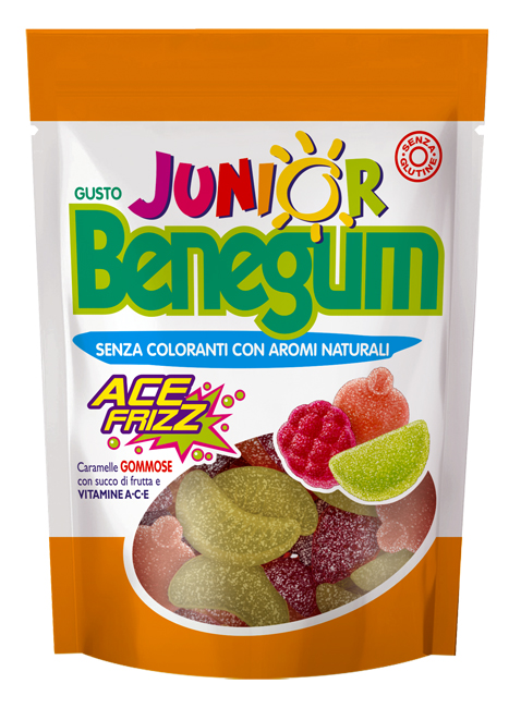 BENEGUM JUNIOR ACE FRIZZ CARAMELLE GOMMOSE CON SUCCO DI FRUTTA E VITAMINE A C E 90 G - Farmacia di Regoledo Srl